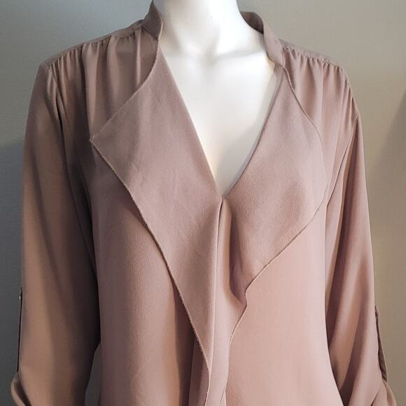 ALBERTO MAKALI Drape Front Blouse Top L Taupe Sheer Overlay Career Boho Chic - Picture 2 of 10